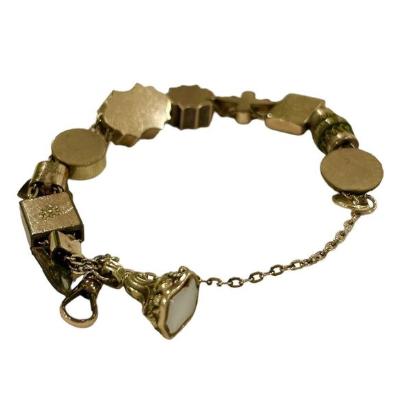 Vintage Victorian Slide Charm Gold Filled Bracelet with Mother of Pearl Fob - Picture 9 of 9